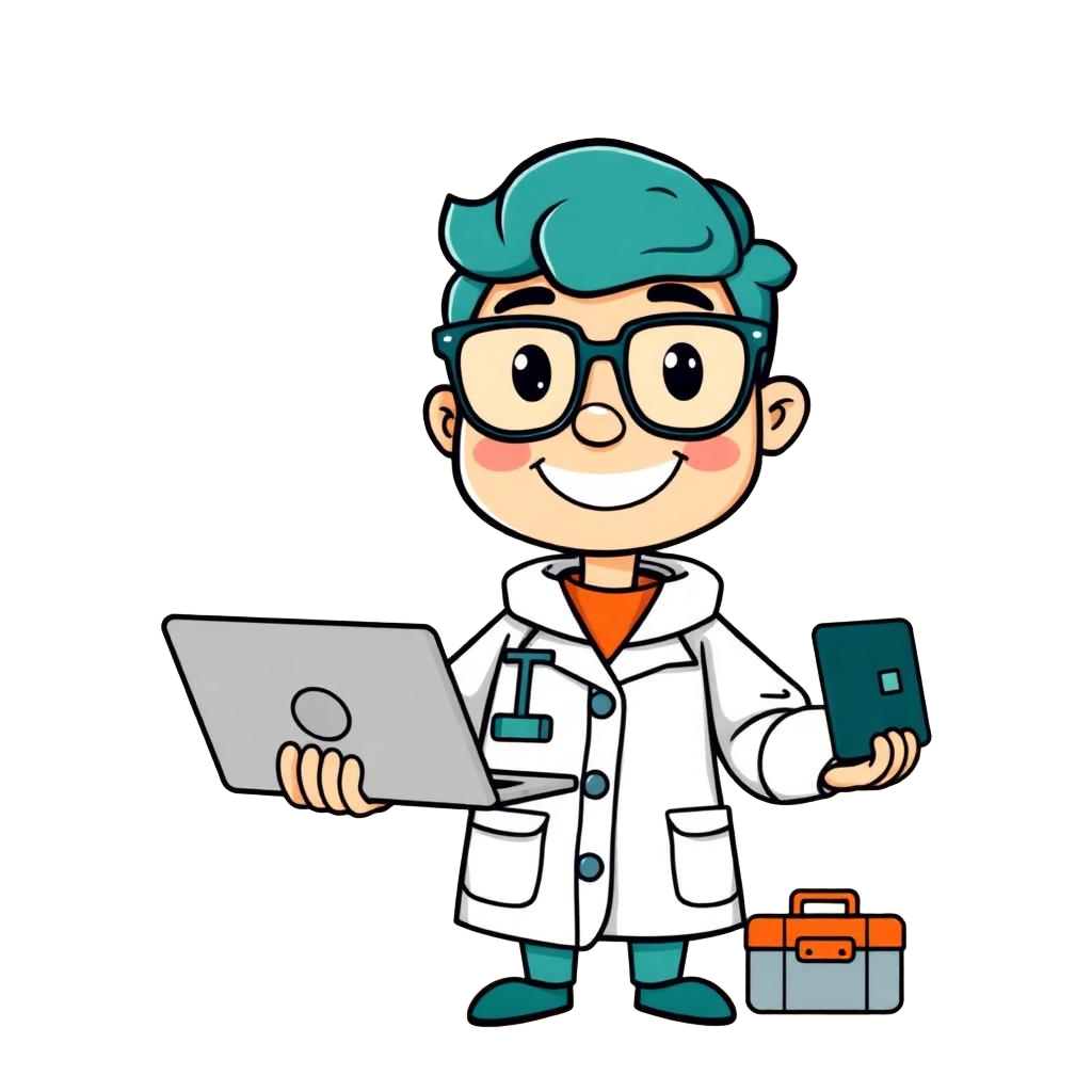 Ilustração de um técnico no local com equipamento e caixa de ferramentas